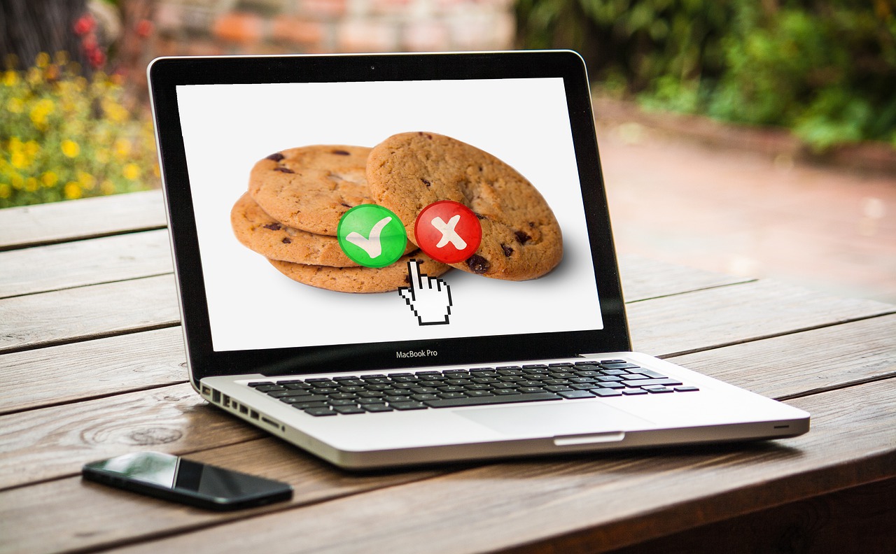 Afbeelding:Foto van laptop met koekjes op het beeldscherm en vinkjes voor goed en fout