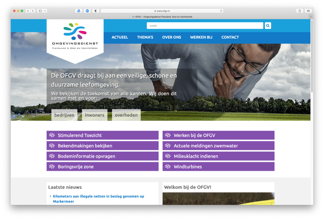 Schermafbeelding van de voorpagina van de website van de omgevingsdienst flevoland